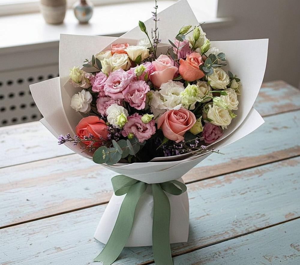 Букет цветов из: Розы, Лизиантусы и Гвоздики в Донино